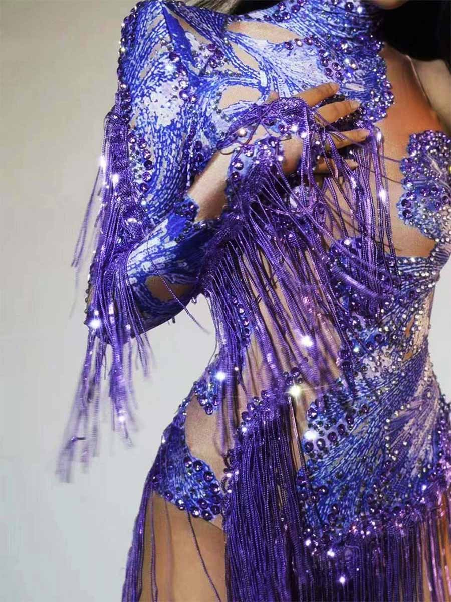 Luxury Rhinestone One-Shoulder Tassel Bodysuit