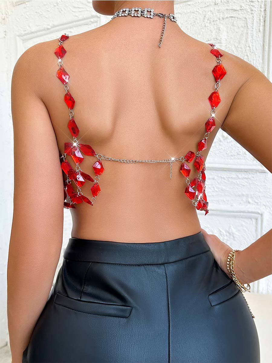 Lace-Up Cutout Top - Crystal Accent Body Chain