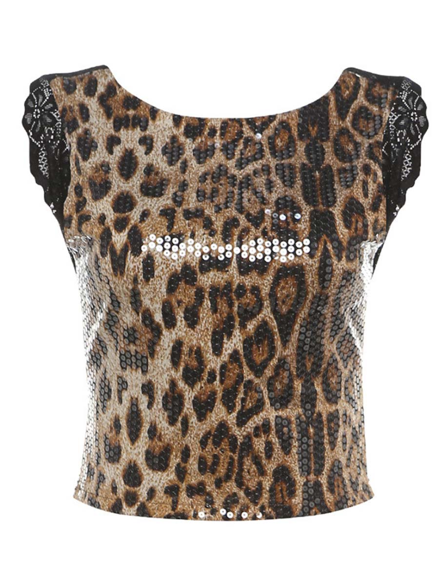 Leopard Sequin Bustier Top, with back lace and backless design.