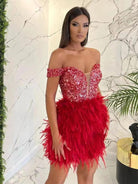 Glamorous Feather Trim Sequin Off-Shoulder Mini Dress