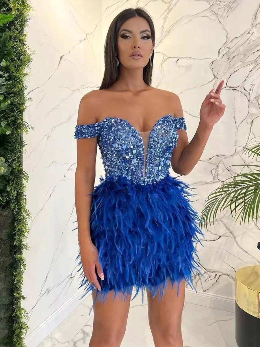 Party-Ready Sequin Off-Shoulder Mini Dress with Feather Details