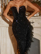 Strapless Backless Sequin Feather Trim Maxi Dress