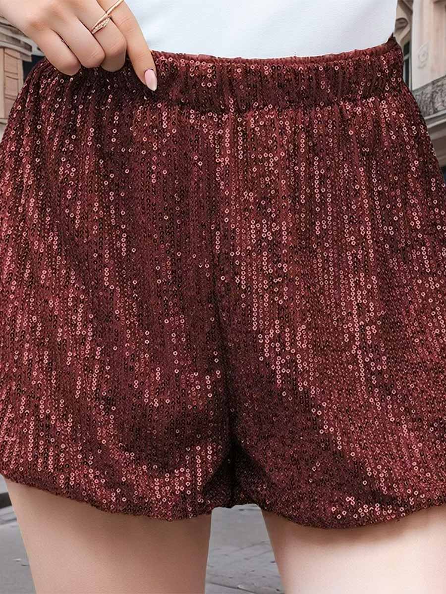 Trendy High-Waisted Solid Color Sequin Shorts