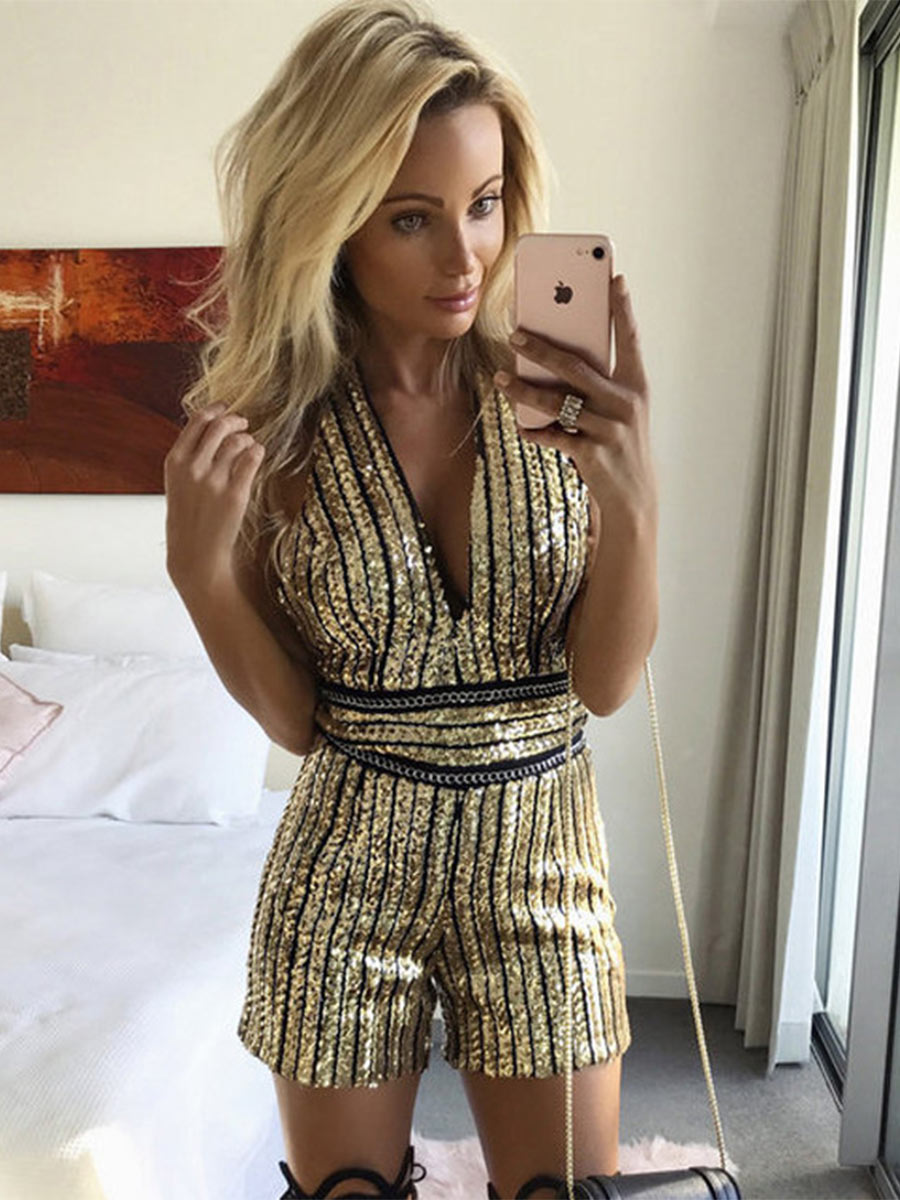 V-Neck Sequin Jumpsuit with Belted Waist - Fashion Style