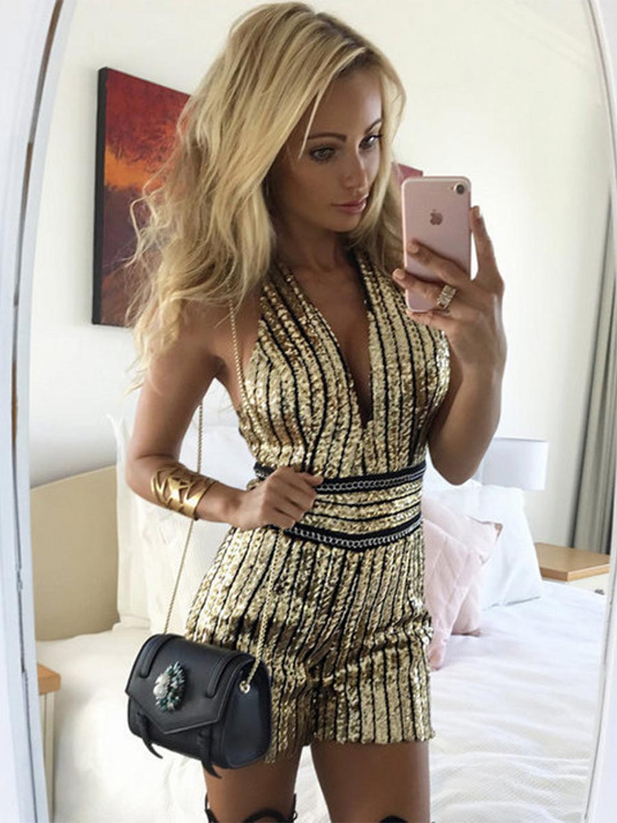 Sequin Jumpsuit - Fashionable V-Neck and Belted