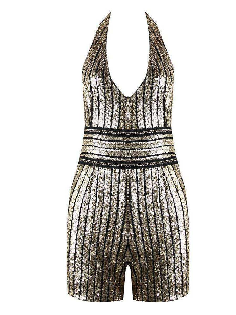 Sparkly Sequin Jumpsuit - Fashion V-Neck, Belted