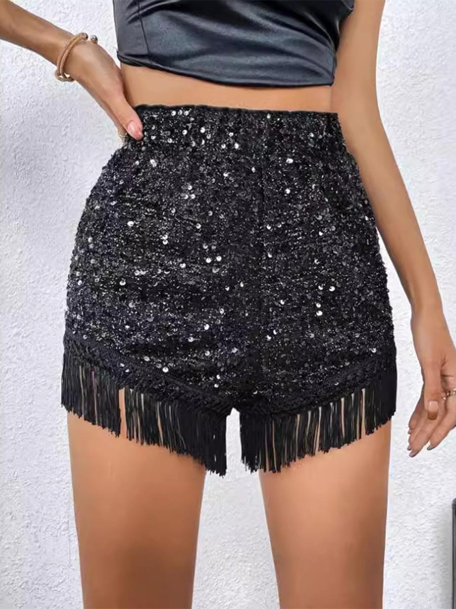 Glitter Fringe Hem Shorts - Solid Color