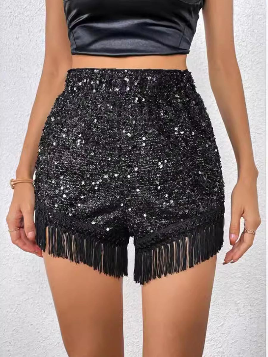 Fringe Hem Shorts - Solid Color Glitter Detail