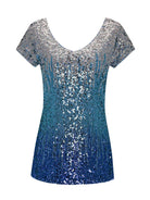 Ombre Sequin Short-Sleeve V-Neck Fitted Tee