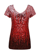 Stylish Gradient Sequin Tee with Short Sleeves and V-Neck