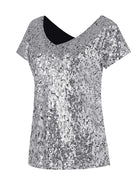 Sparkling Gradient Sequin Slim Fit T-Shirt with V-Neck