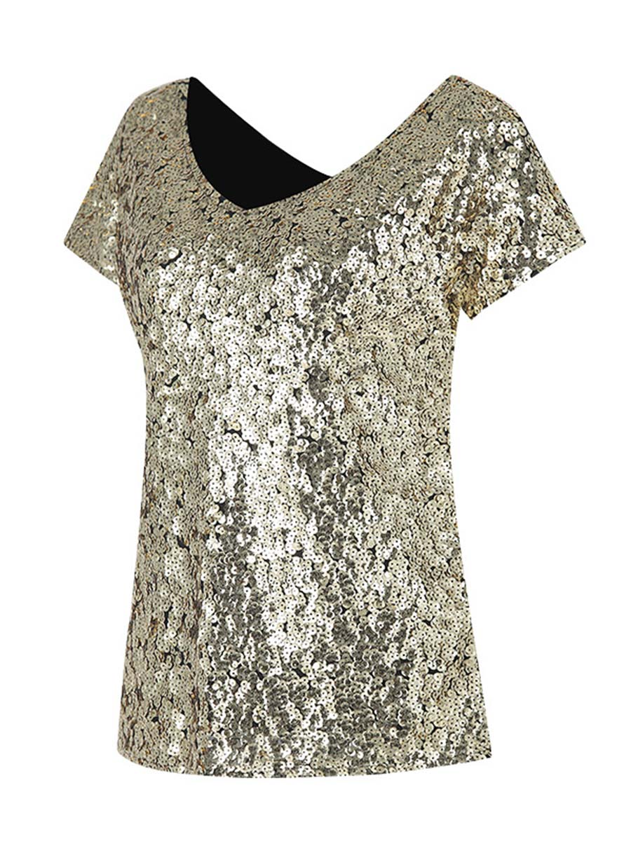 Fashionable Short-Sleeve V-Neck T-Shirt with Gradient Sequins