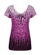 Chic Gradient Sequin V-Neck Tee - Short Sleeves, Slim Fit