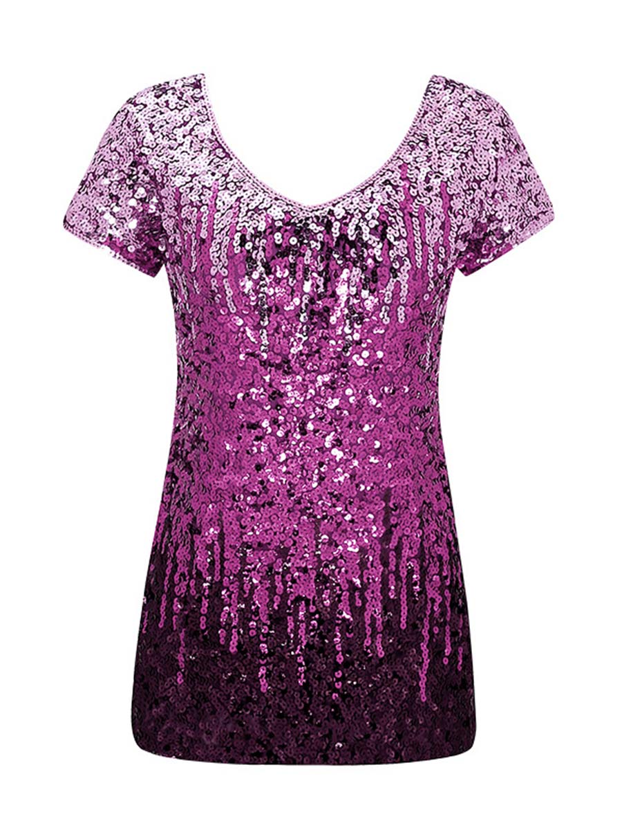 Chic Gradient Sequin V-Neck Tee - Short Sleeves, Slim Fit