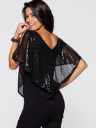 Fashionable Cape Sleeve Sequin V-Neck Tee