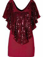 Stylish V-Neck Sequin Tee with Cape Sleeves