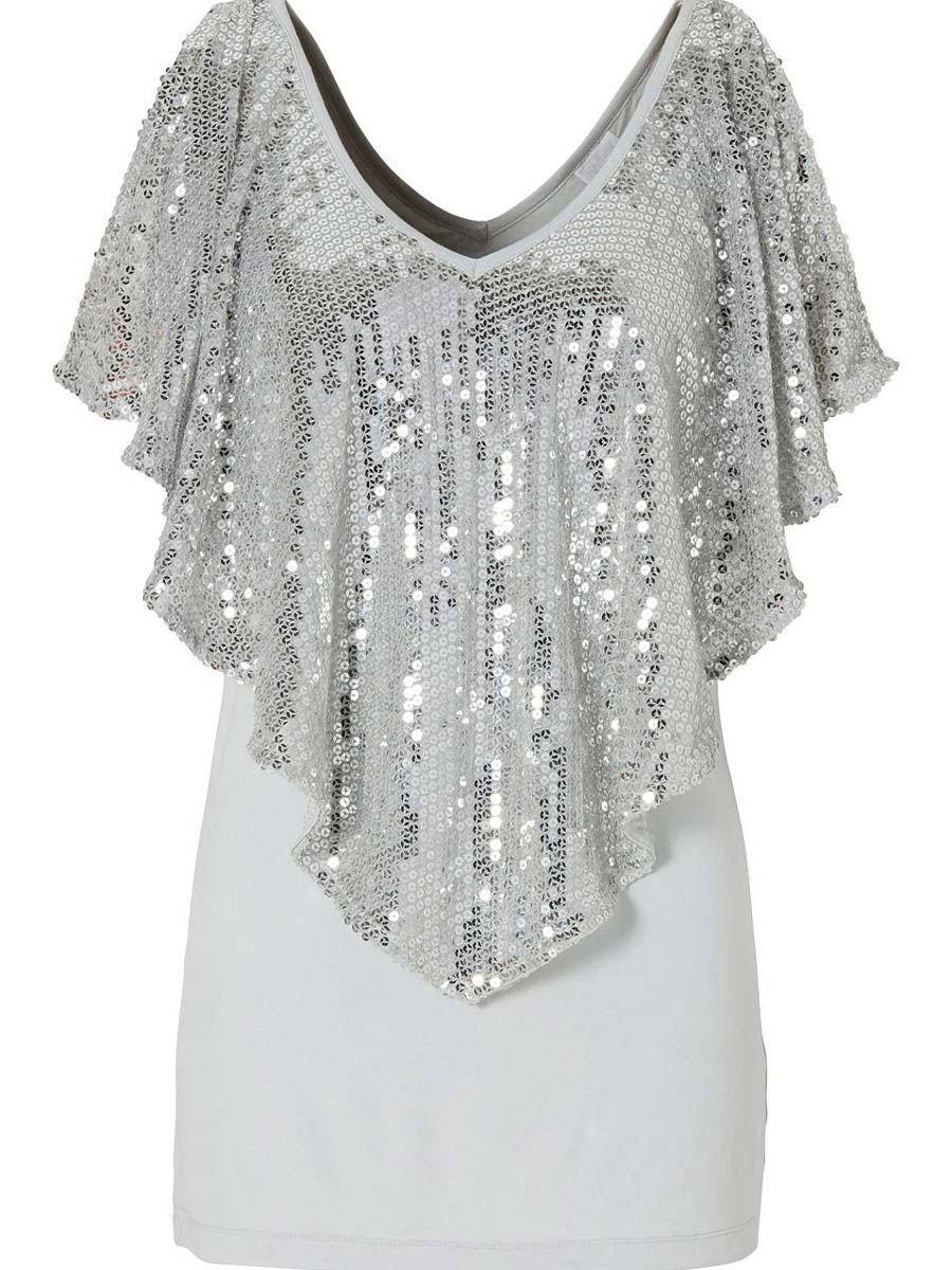 Sequin V-Neck Top with Flowy Cape Sleeves