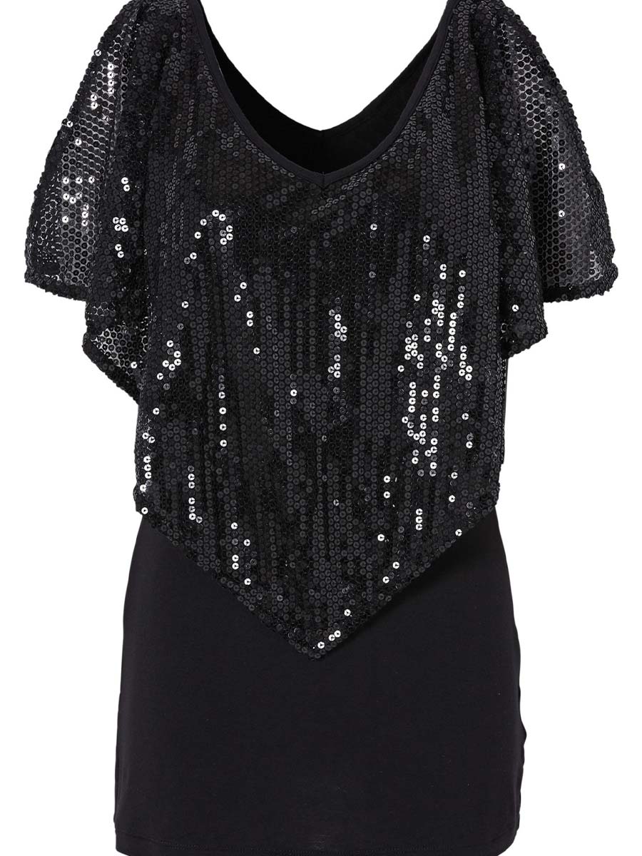 Cape Sleeve T-Shirt - Sequin V-Neck Detail