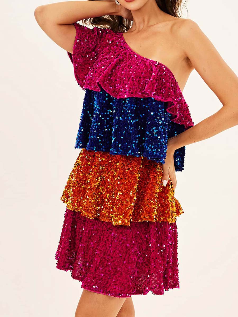 Tiered One-Shoulder Dress with Colorful Sequin Patchwork