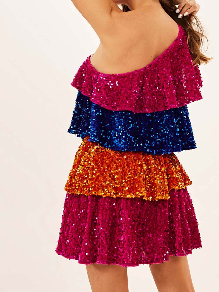 Patchwork Sequin Tiered Dress - Colorful One-Shoulder Design