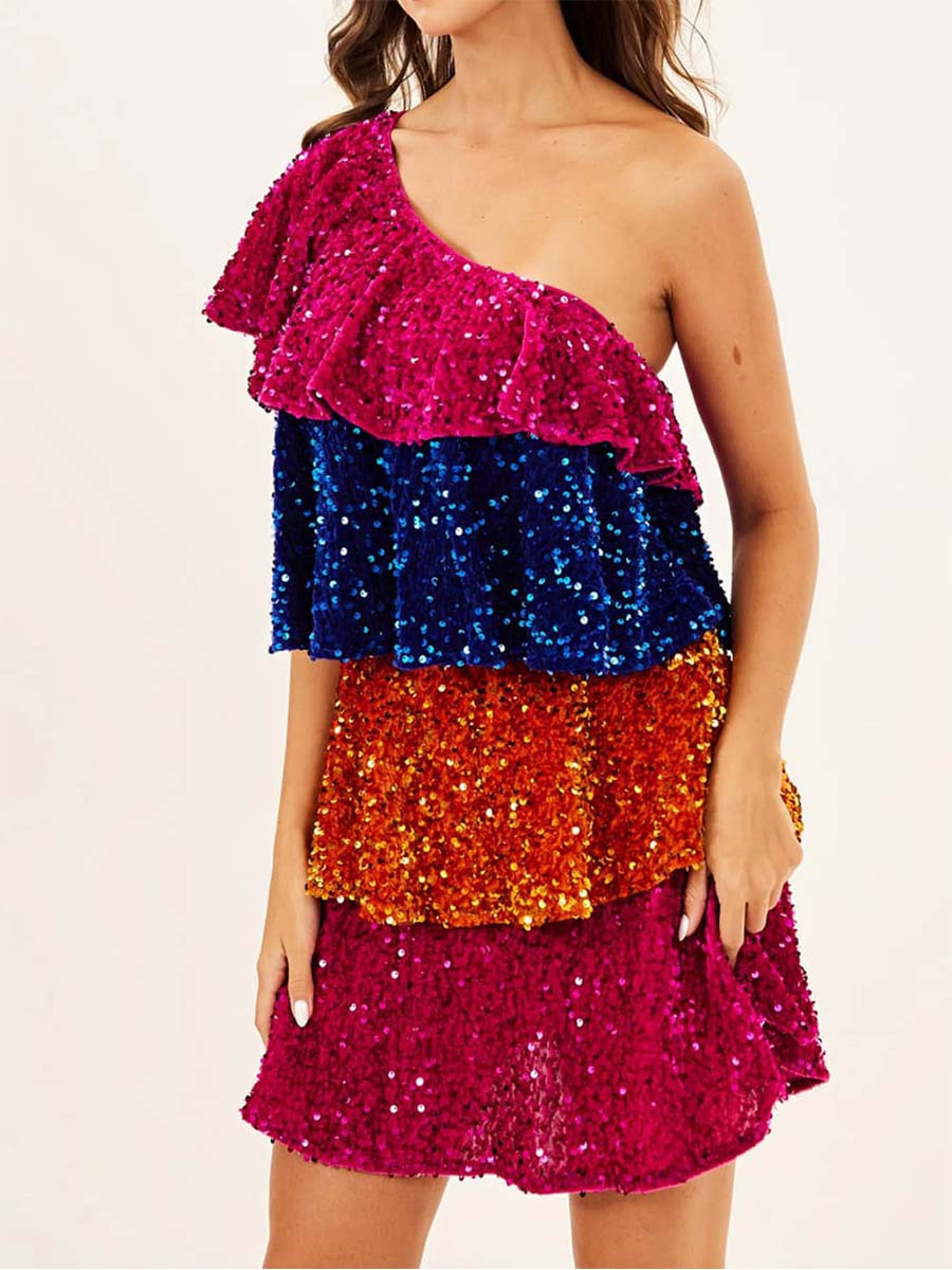 One-Shoulder Tiered Dress with Colorful Sequin Detail