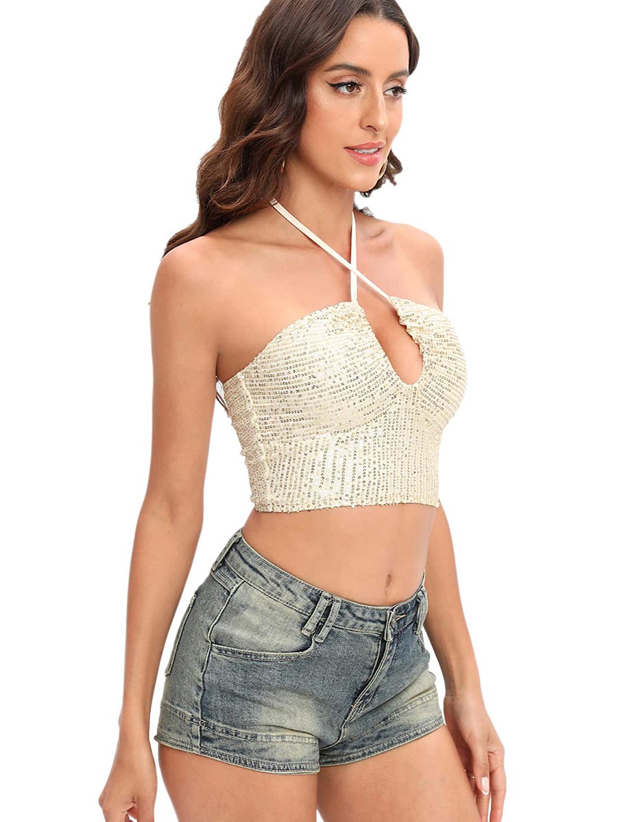 Backless Glitter Top with Crisscross Halter and Tie-Back