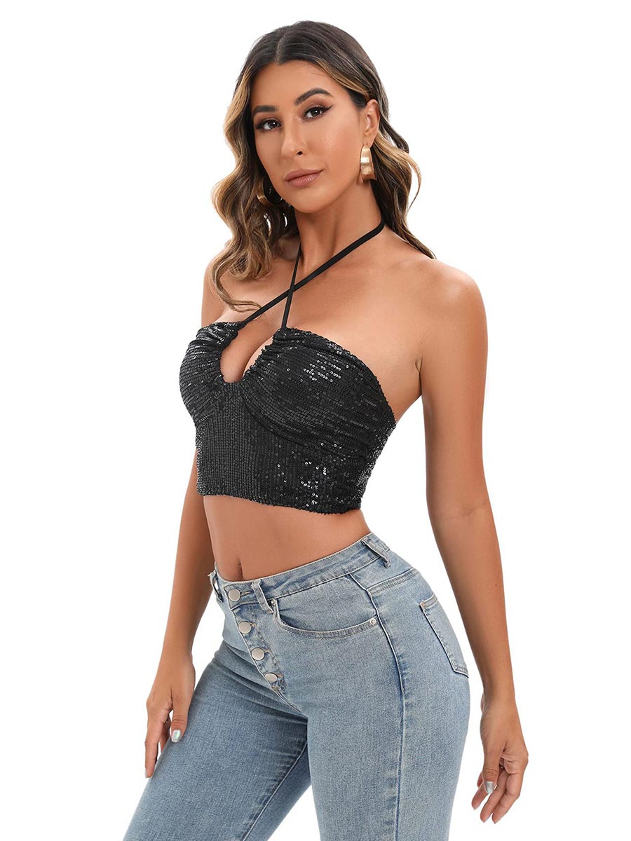 Sparkling Crisscross Halter Top - Backless with Tie-Back