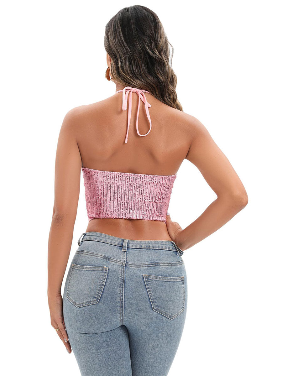 Shimmering Crisscross Halter Tie Back Backless Top
