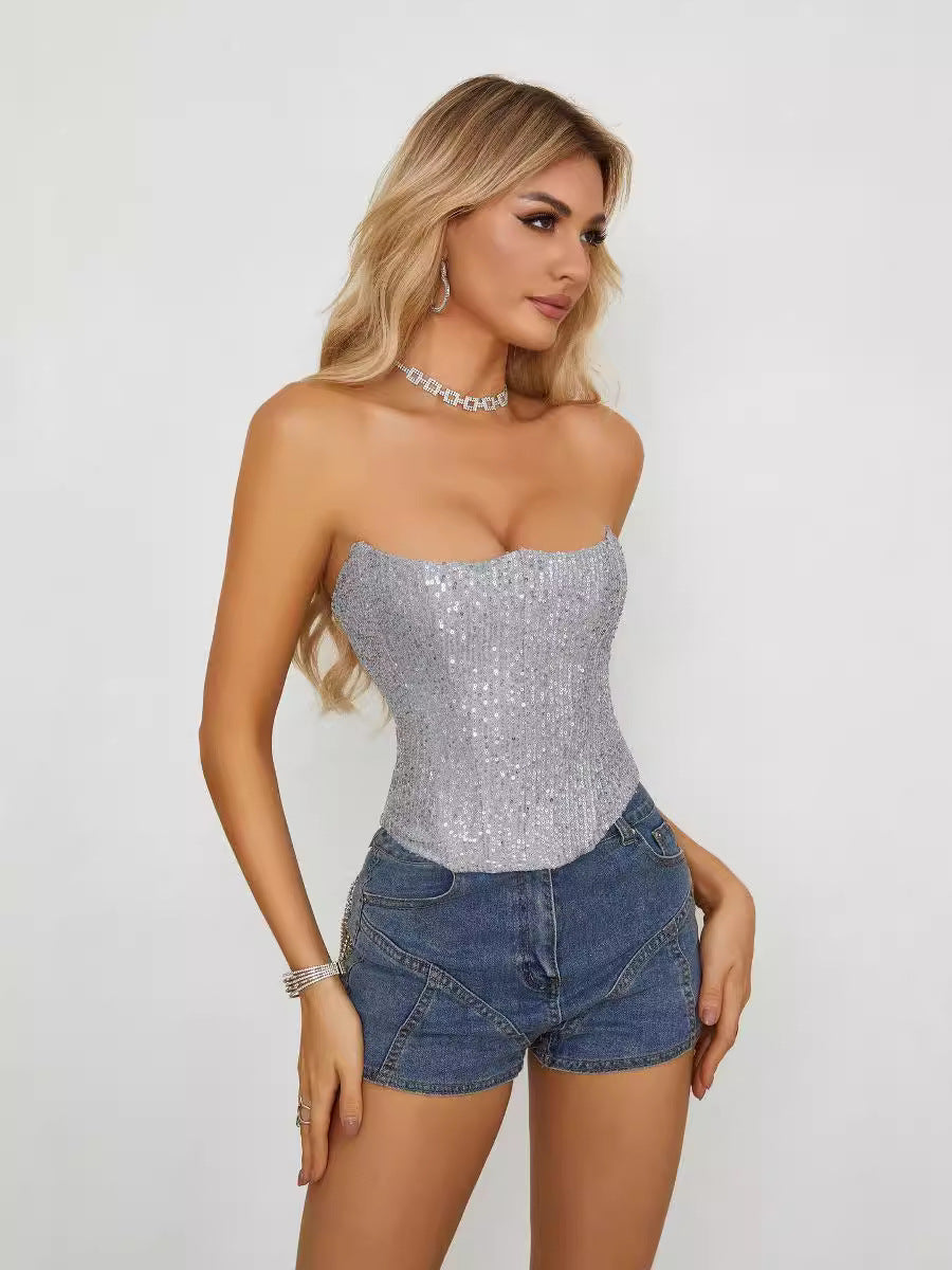 Strapless Sequin Crop Top - Summer Sexy Slim Fit