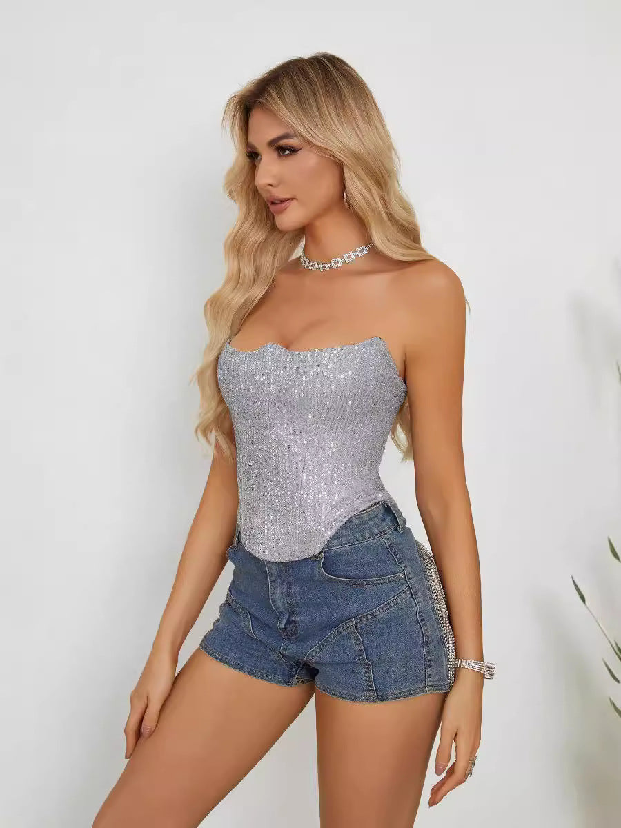 Summer Sexy Sequin Crop Top - Slim Fit Strapless