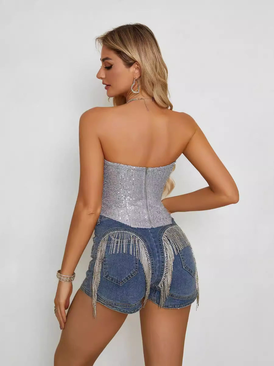 Slim Fit Sequin Crop Top - Summer Sexy Strapless