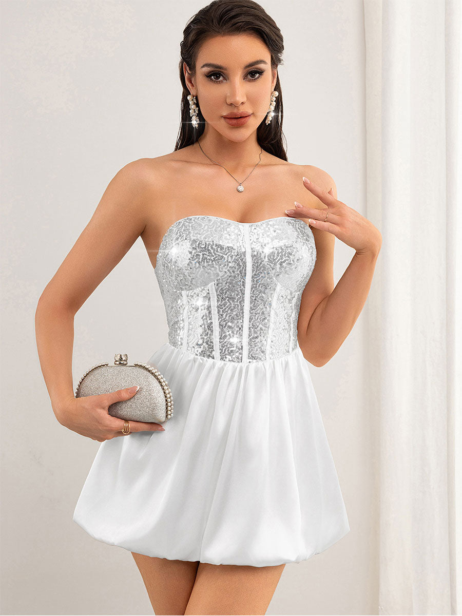 Silver Sequin Patchwork Strapless White Dress