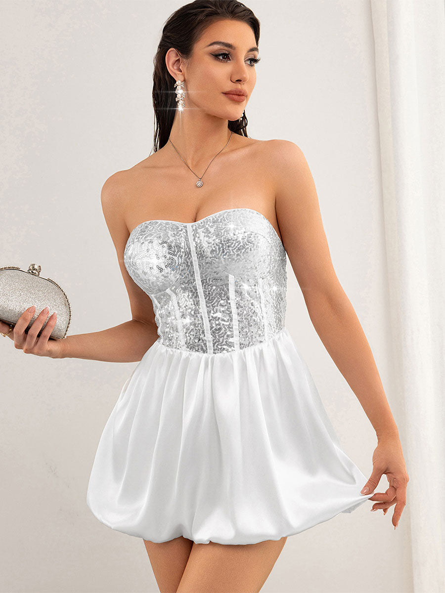 Strapless White Dress - Silver Sequin Patchwork Detail