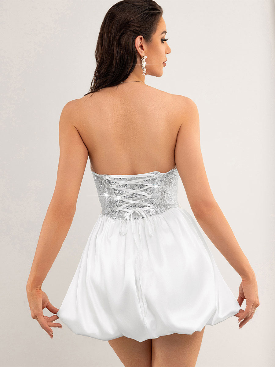 White Dress - Strapless with Silver Sequin Patchwork