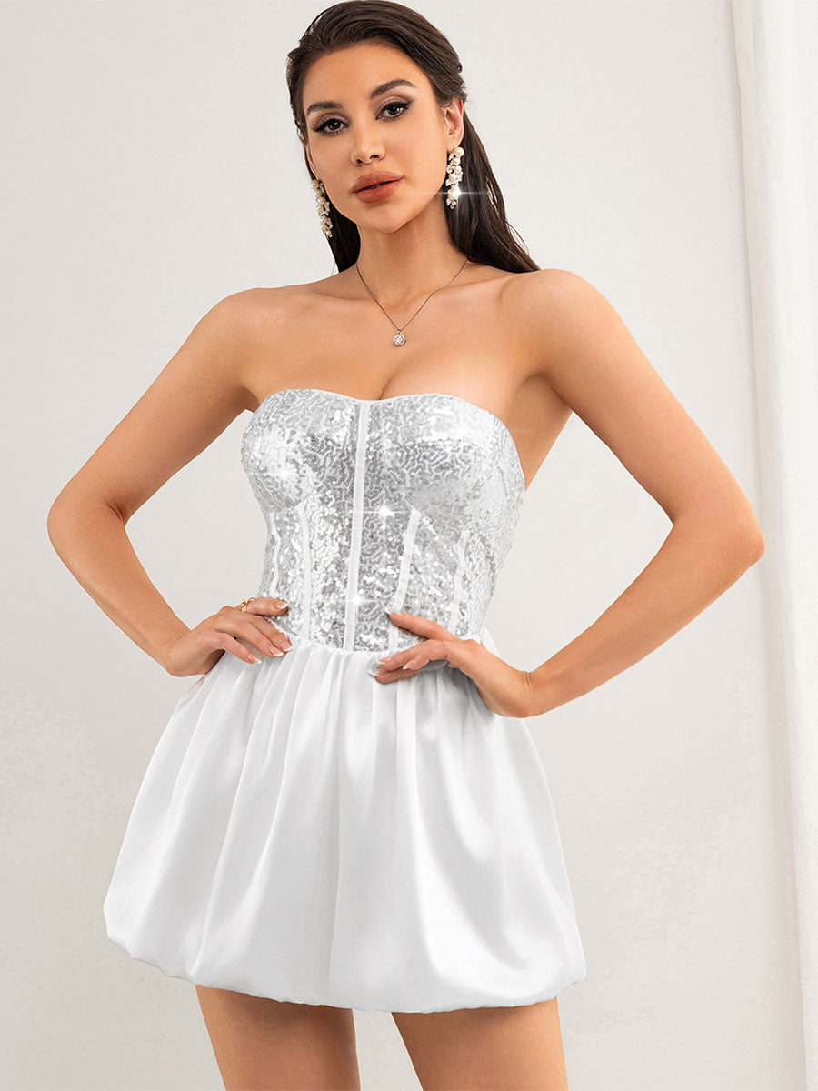 Silver and White Sequin Patchwork Strapless Dress