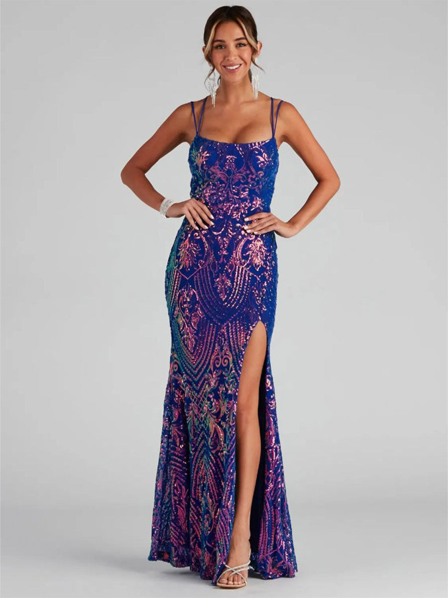 Long Sequin Evening Gown with High Slit and Spaghetti Straps