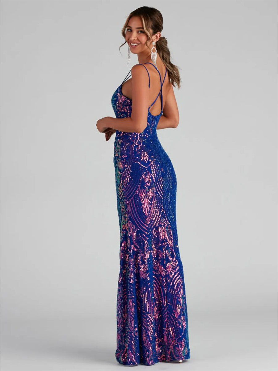 Sequin Spaghetti Strap Evening Gown - Long High-Slit Design