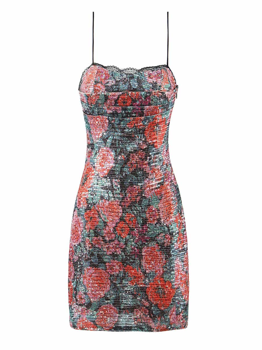 Rose Sequin Spaghetti Strap Dress - French Vintage Style