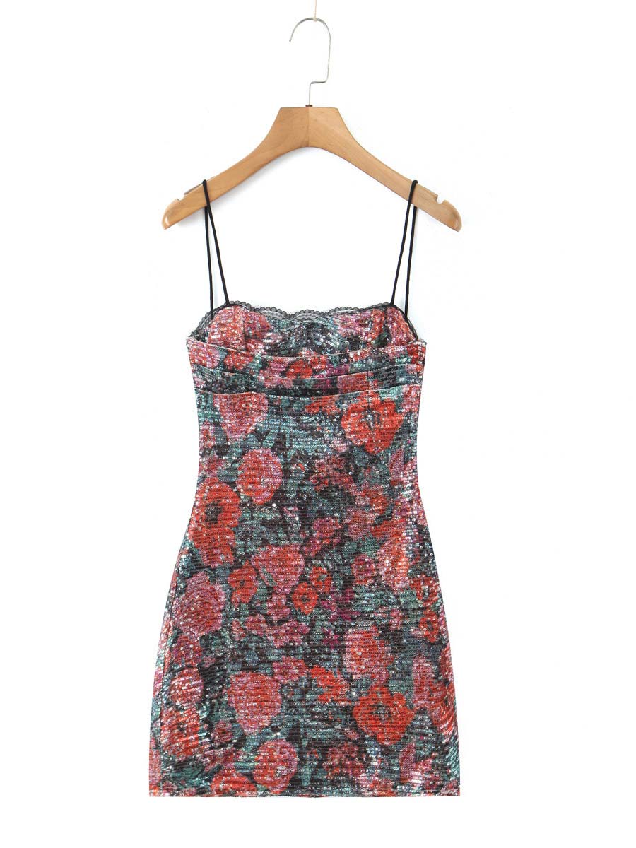 Vintage French Inspired Rose Sequin Spaghetti Strap Dress
