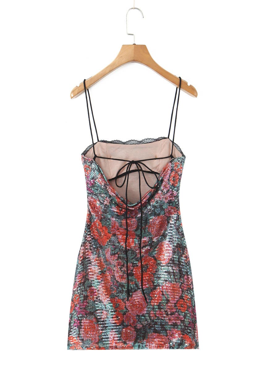 Elegant French Vintage Rose Sequin Dress - Spaghetti Strap