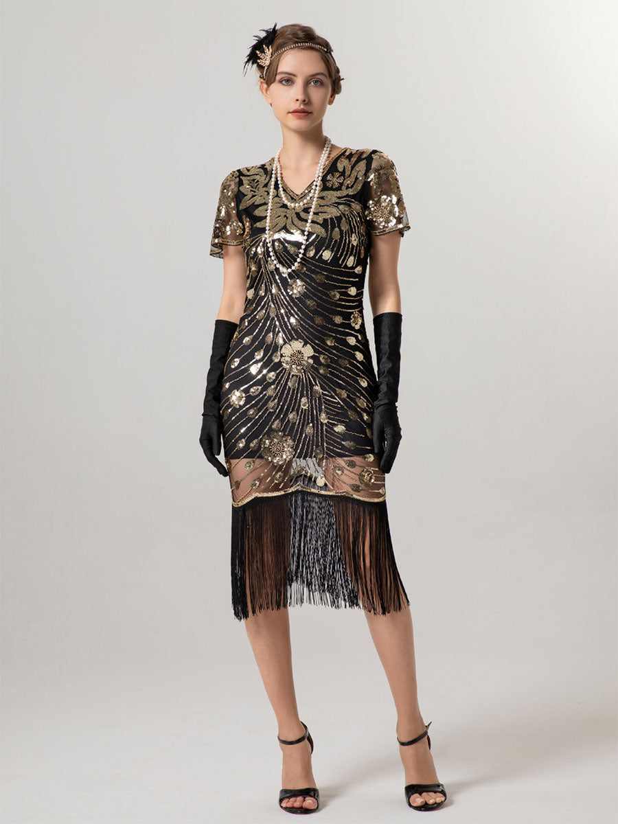 1920s Flapper Short-Sleeve Slim Fit Party Gown