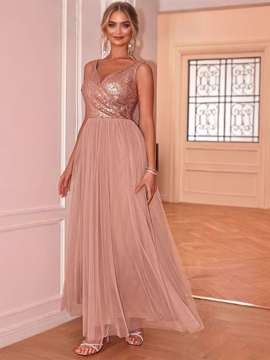 Sleeveless Evening Gown - V-Neck Sequin Chiffon Patchwork Design