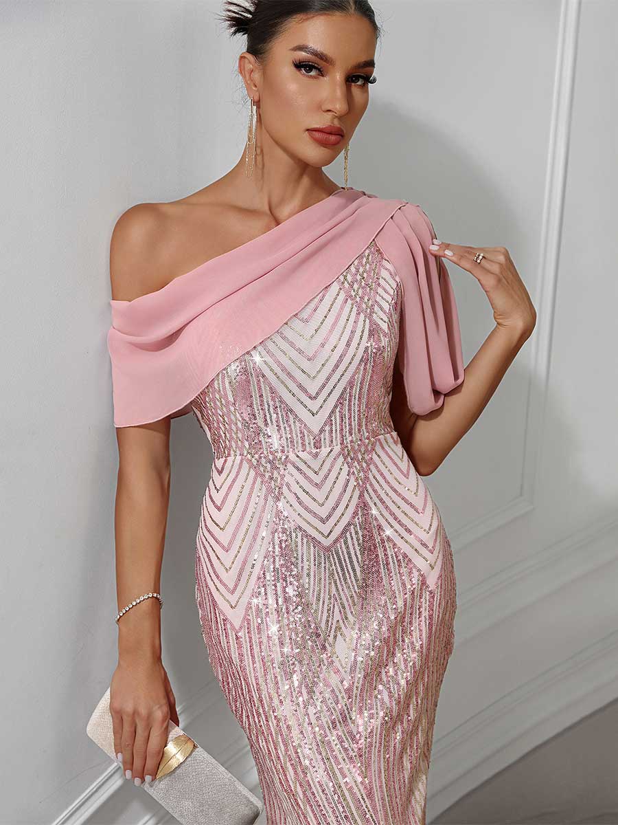 Chiffon Patchwork Sequin One-Shoulder Maxi Gown for Parties
