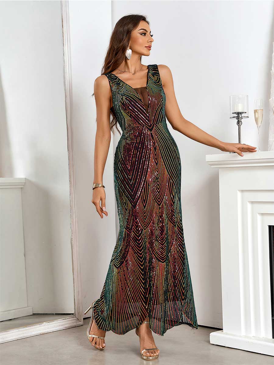 Elegant Burgundy Deep V-Neck Sequin Dress - Sleeveless Gradient