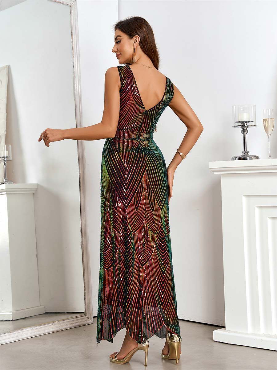 Sleeveless Deep V-Neck Sequin Dress in Gradient Burgundy