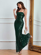 Sequin Emerald Green Party Maxi Dress with Spaghetti Straps