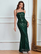 Elegant Emerald Green Sequin Maxi Party Dress - Spaghetti Strap