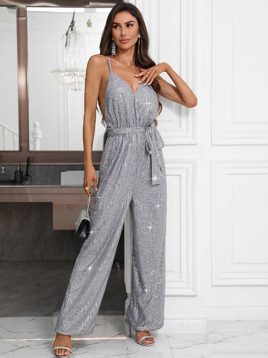 Sexy Spaghetti Strap Jumpsuit - Solid Color Sequin