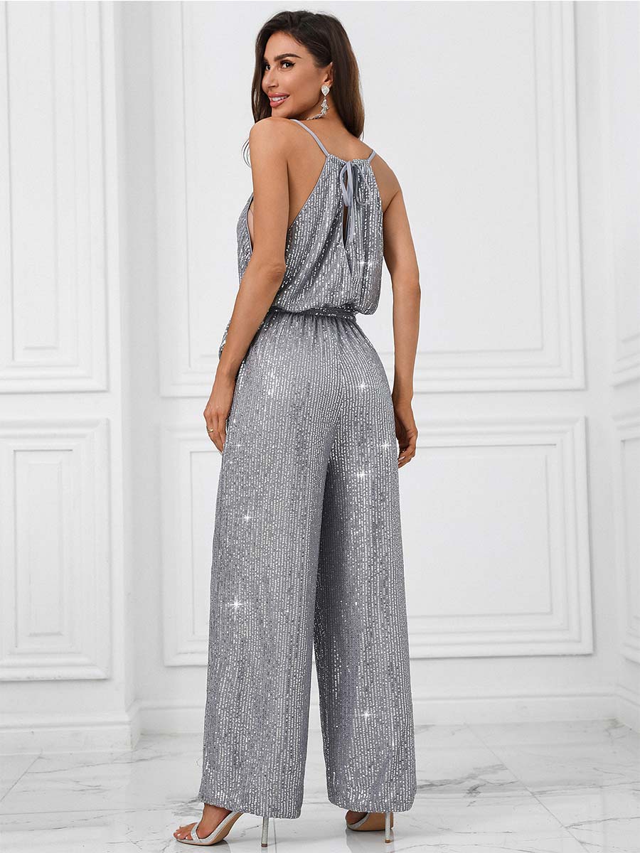 Sexy Sequin Jumpsuit with Thin Straps - Solid Color
