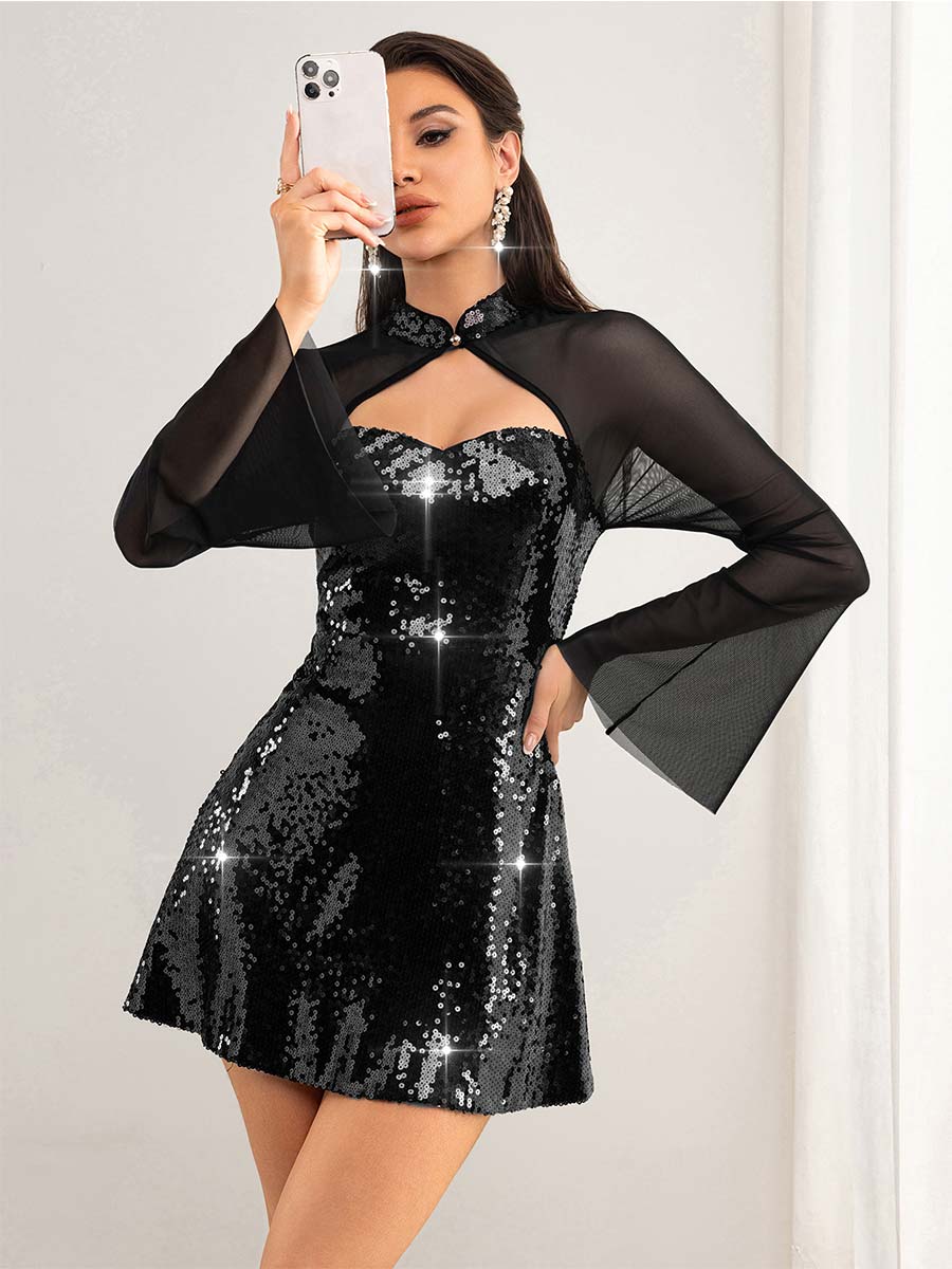 Tube Top Dress with Sequin & Mesh Panels and Flared Sleeves